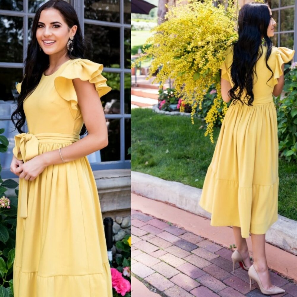 Rachel Parcell Marigold Yellow Serene Midi Ruffle Dress Sz L - Picture 3 of 17
